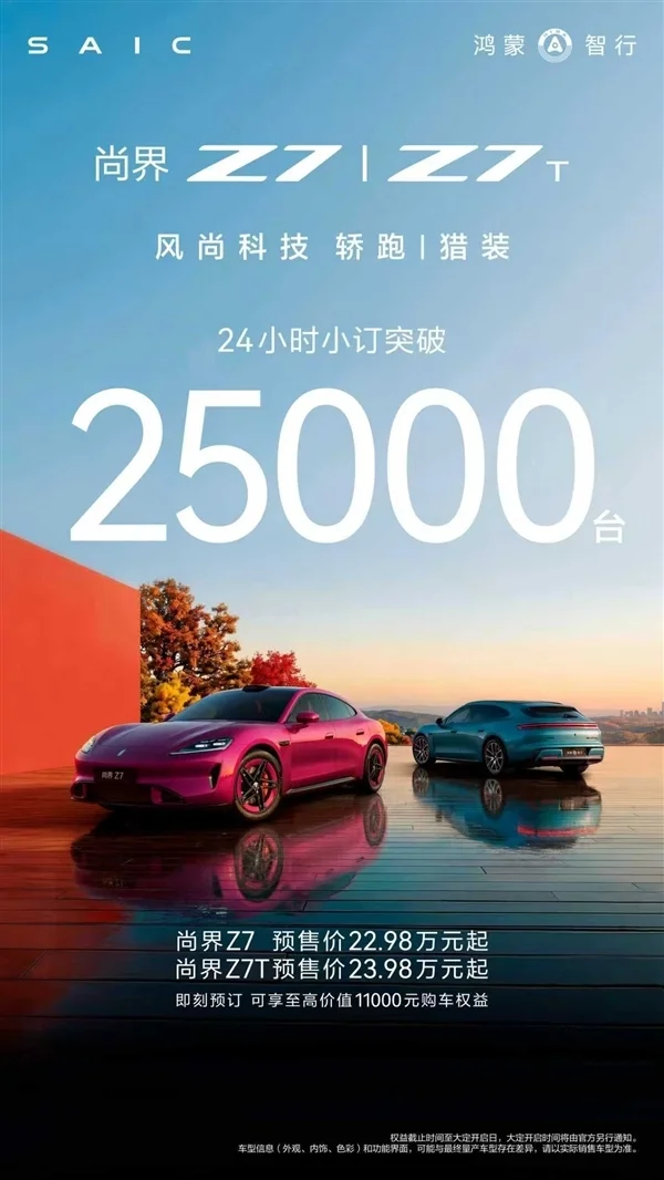 鸿蒙智行最美轿跑！尚界Z7/Z7T预售24小时：小订破25000台