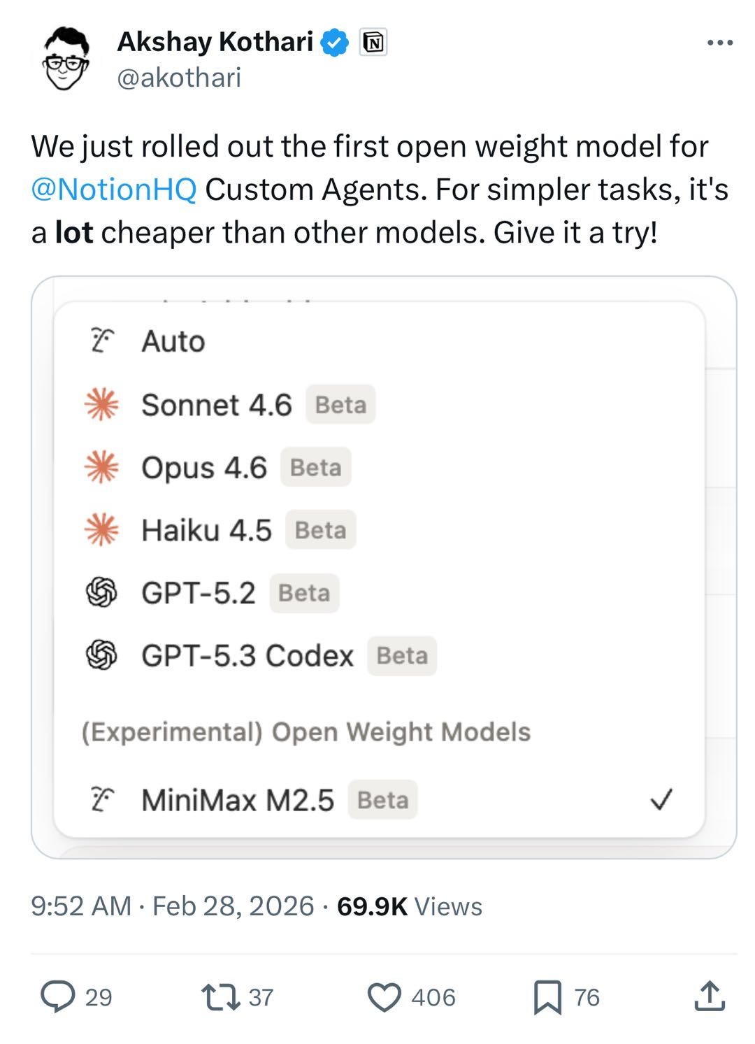 Notion启用MiniMax M2.5，成为Custom Agents首选的国际开源模型