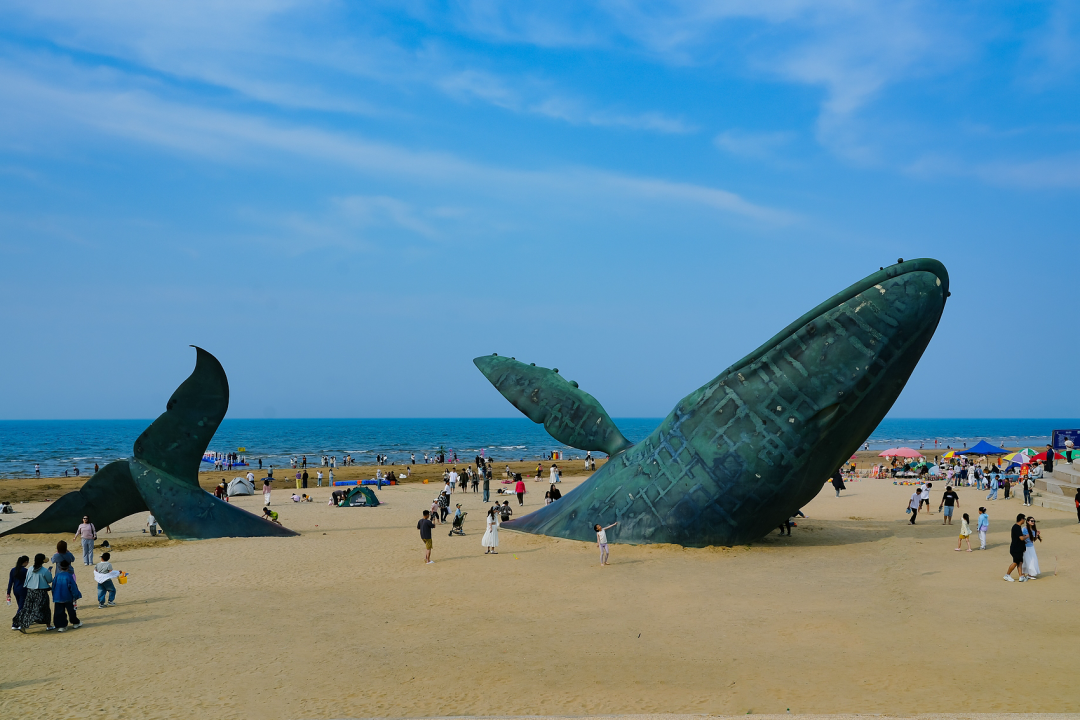 △烟台金沙滩海滨公园有一座鲸鱼雕塑。（图/视觉中国）
