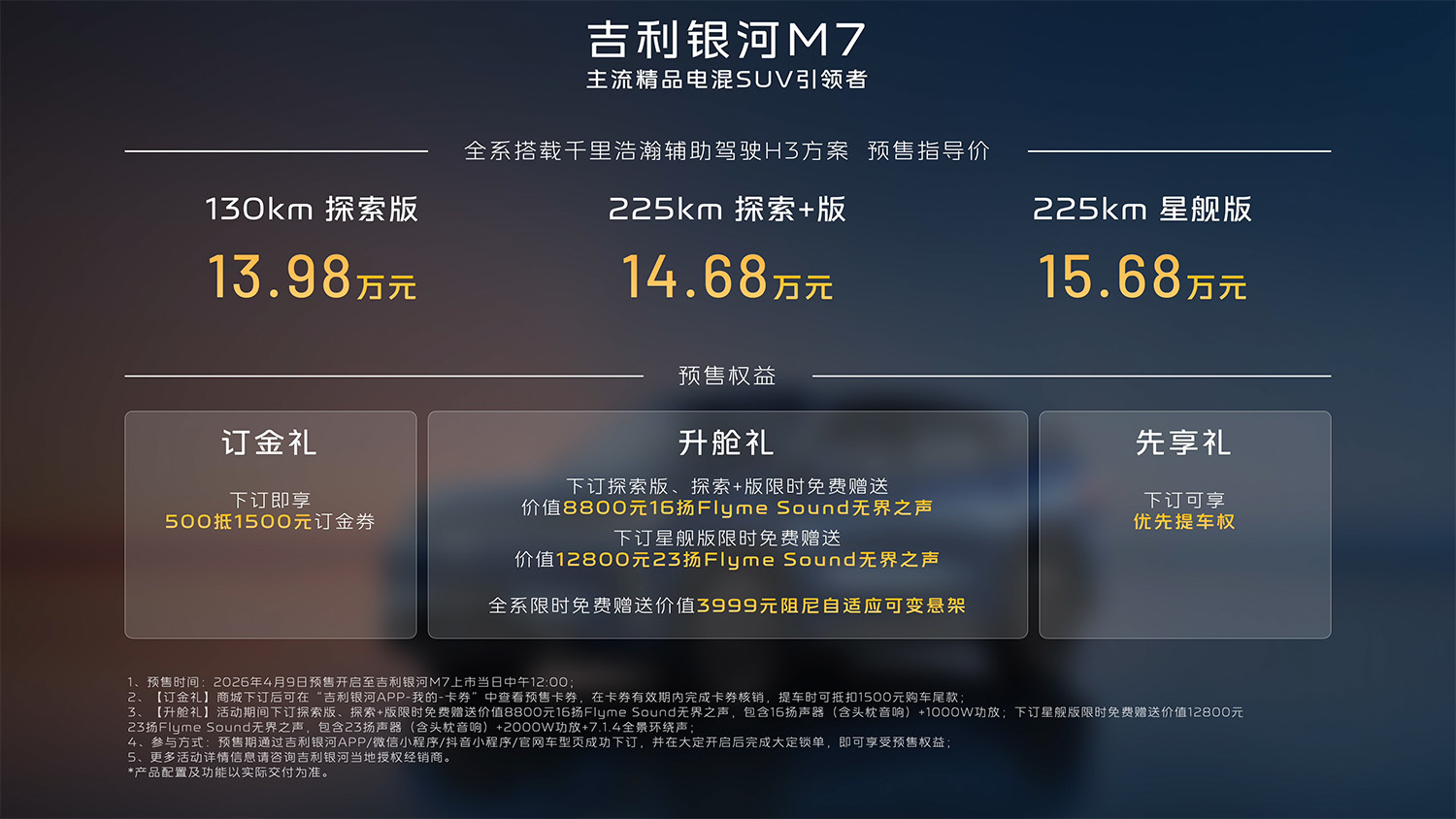 搭载神盾金砖电池/综合续航1730km 吉利银河M7预售价13.98万元起