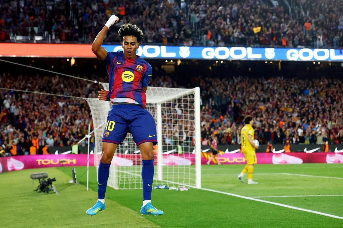 亚马尔在上周末联赛贡献两传一射，帮助巴塞罗那轻取西班牙人。（路透社）