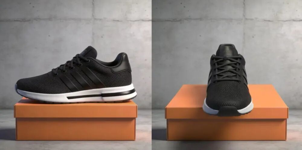 ▲输入图（左）、输出图（右）、指令：Rotate the sneaker to show the front view