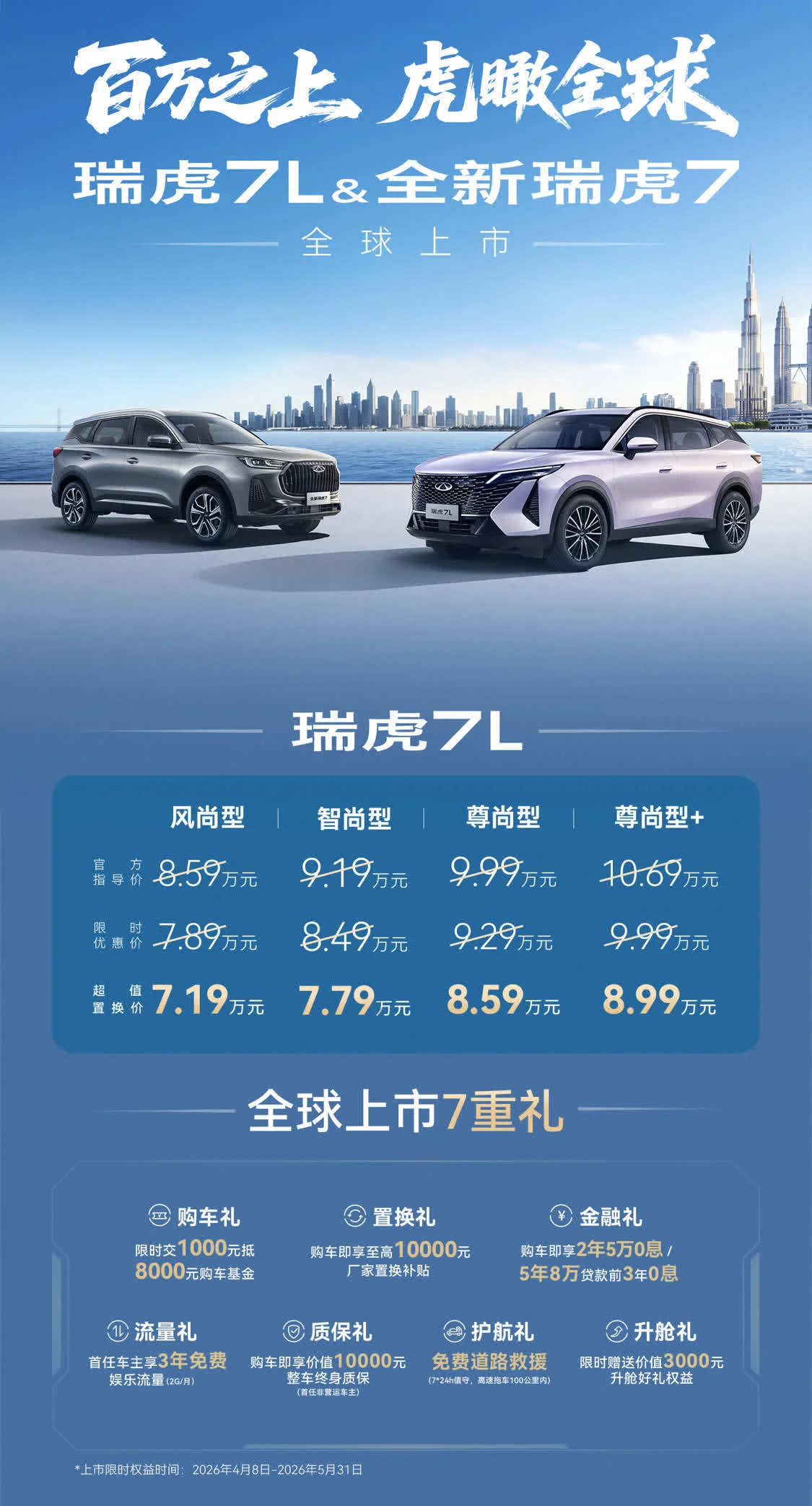 瑞虎7L/全新瑞虎7/瑞虎5运动版全球上市 超值置换价6.79万元起