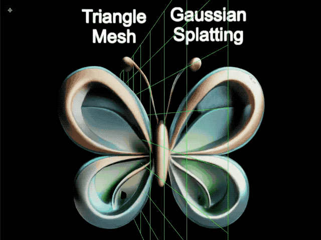 左侧使用纹理映射三角网格,右侧使用高斯斑点,对同一对象进行渲染。