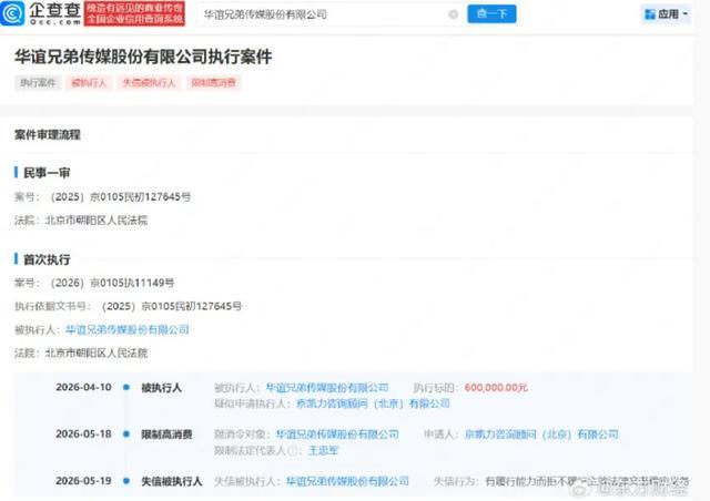 华谊兄弟成“老赖”,涉案金额60.84万元,此前王忠军被限高