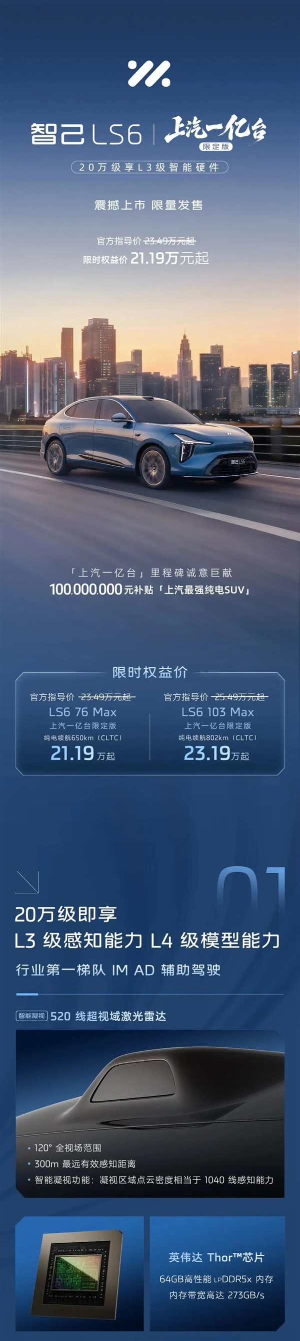 20万级唯一标配L3级硬件!智己LS6推出上汽一亿台限定版:限量5000台