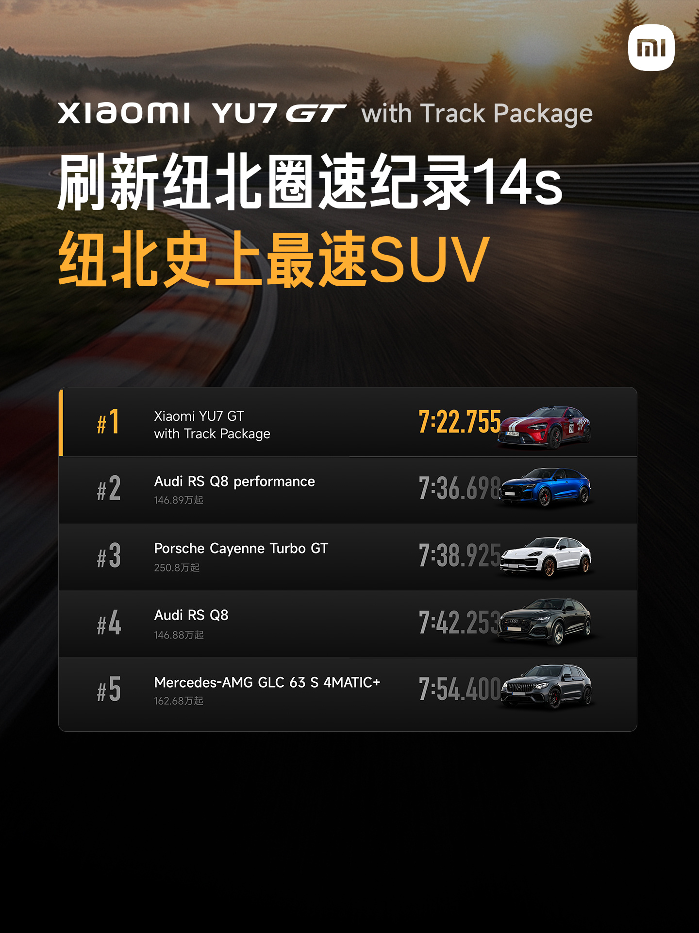 小米YU7 GT正式发布:刷新纽北SUV圈速纪录14s,38.99万元